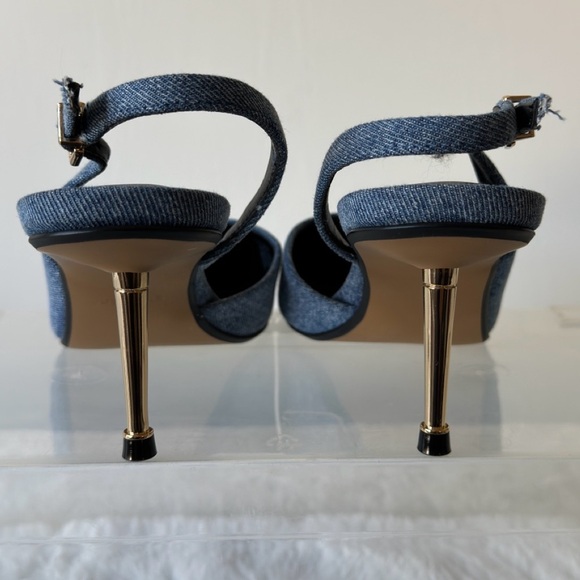 EXPRESS Denim Gold Heel Slingback Pumps. - Picture 4 of 9